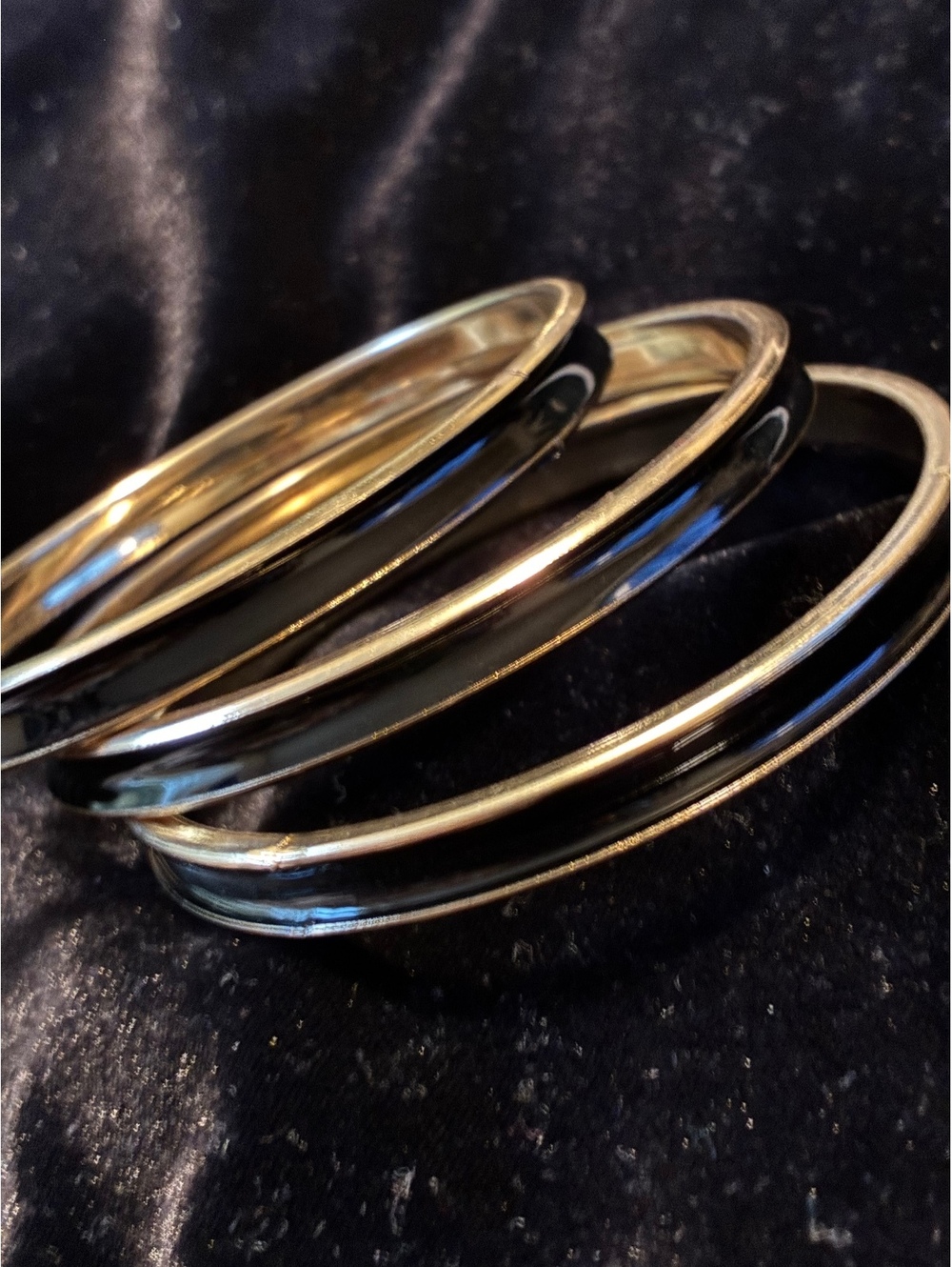 Vintage Minimalist Black Enamel Bangle Set • 3 Gold Tone Stacking Bracelets